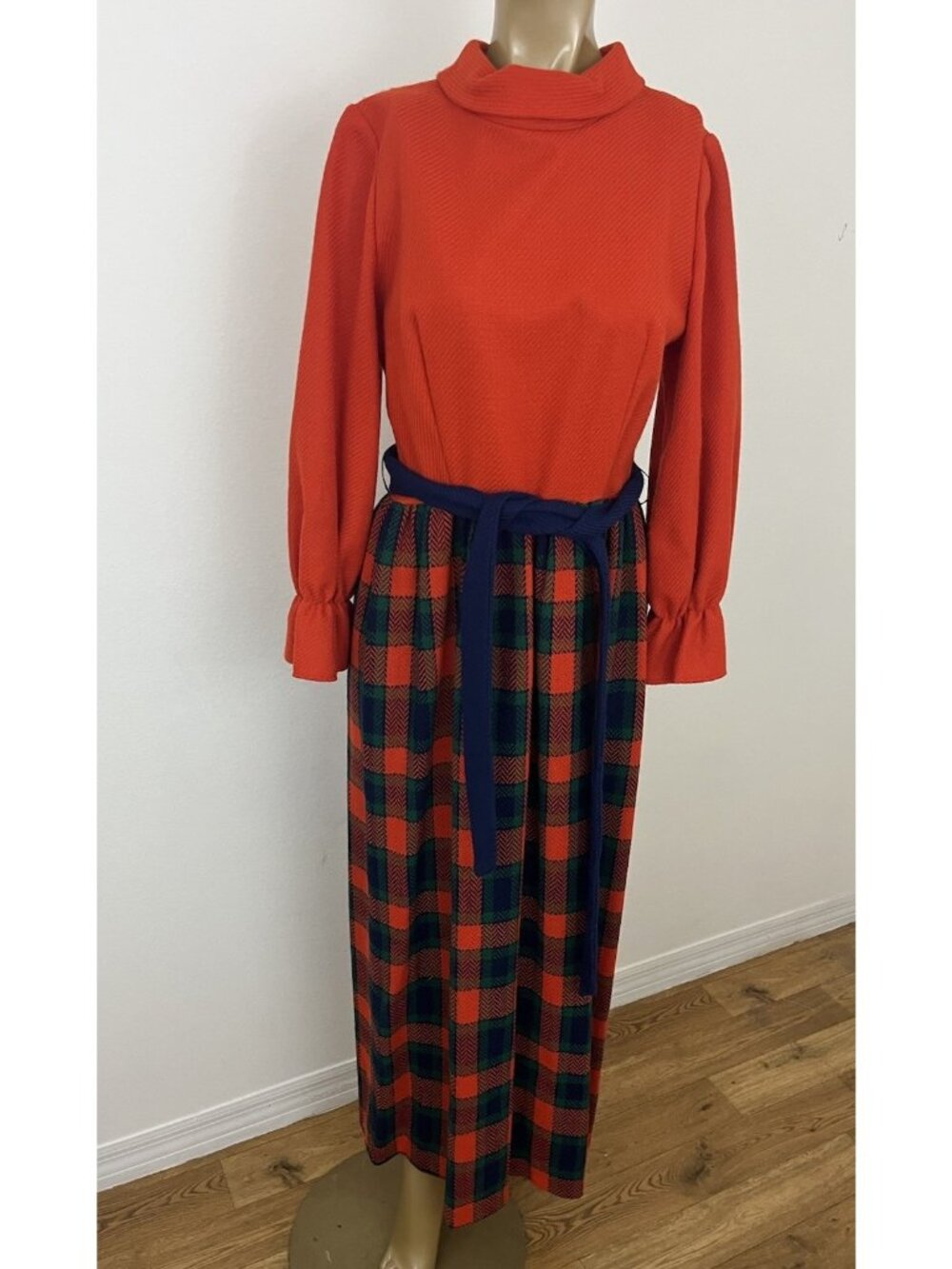 Vintage 70s Women's 16 Hostess Maxi Dress Plaid Skirt Holiday Mock T-Neck